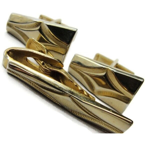 Vintage Rectangle Cufflinks Set Tie Clip Gold Tone Wedding Accessories Pat No - Picture 1 of 9